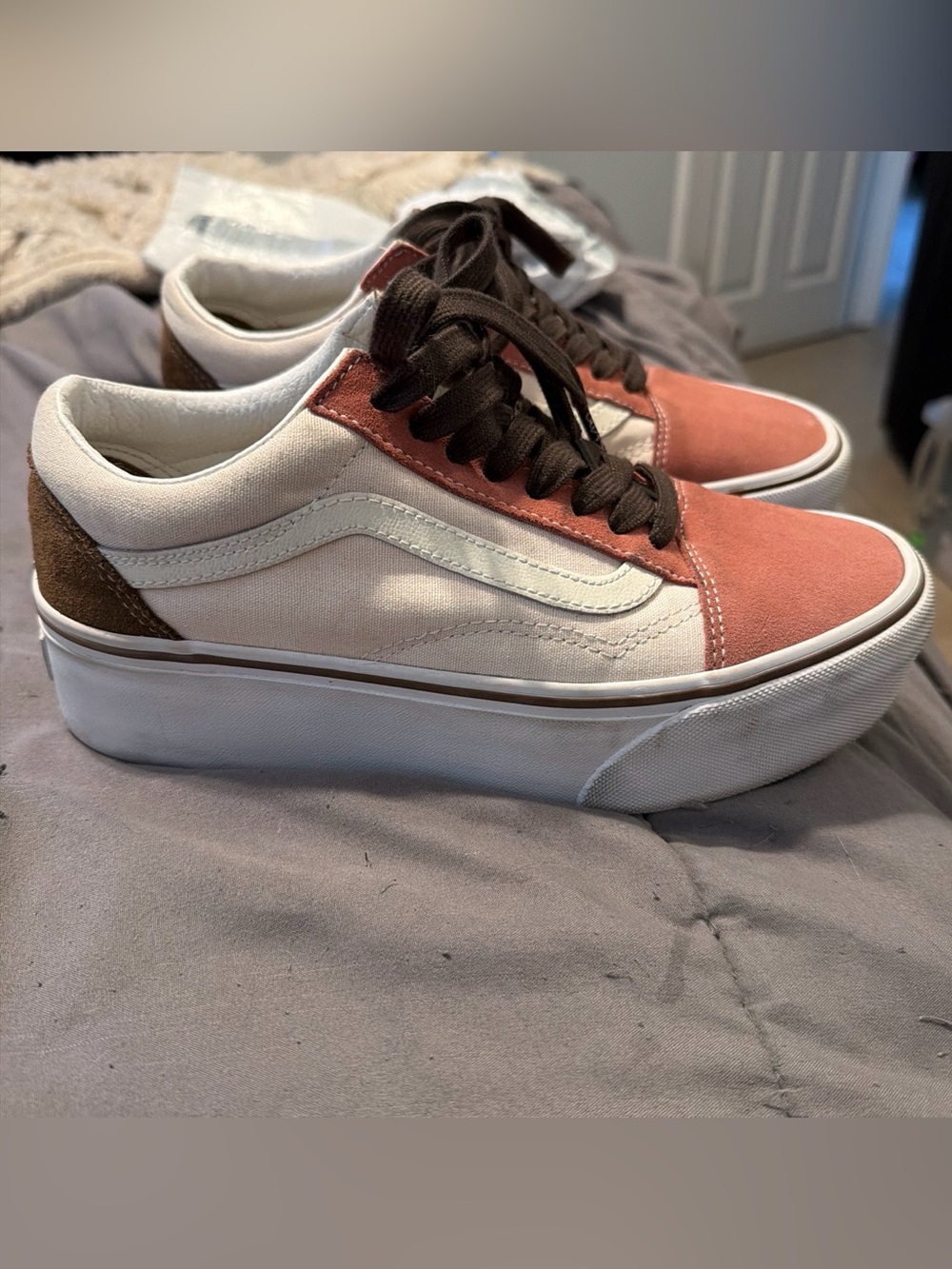 Vans Old Skool Platform Sneakers in White, Coral, Brown